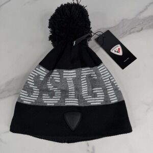 Rossignol Hat Beanie Pom Knit Mens One Size Black Gray Fleece Lined Logo Patch